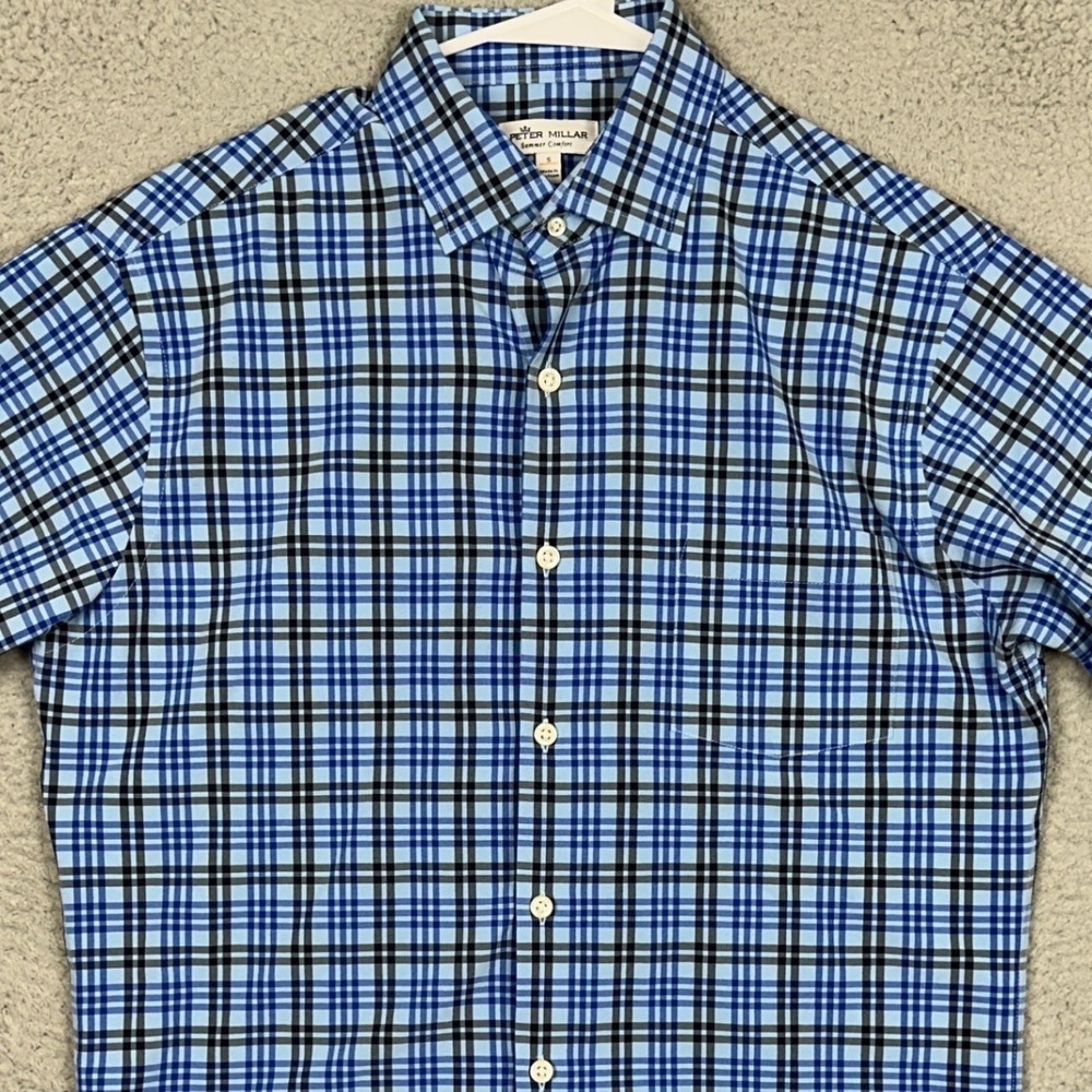Peter Millar‎ Shirt Mens Small Blue Plaid Summer Comfort Button Up Short Sleeve